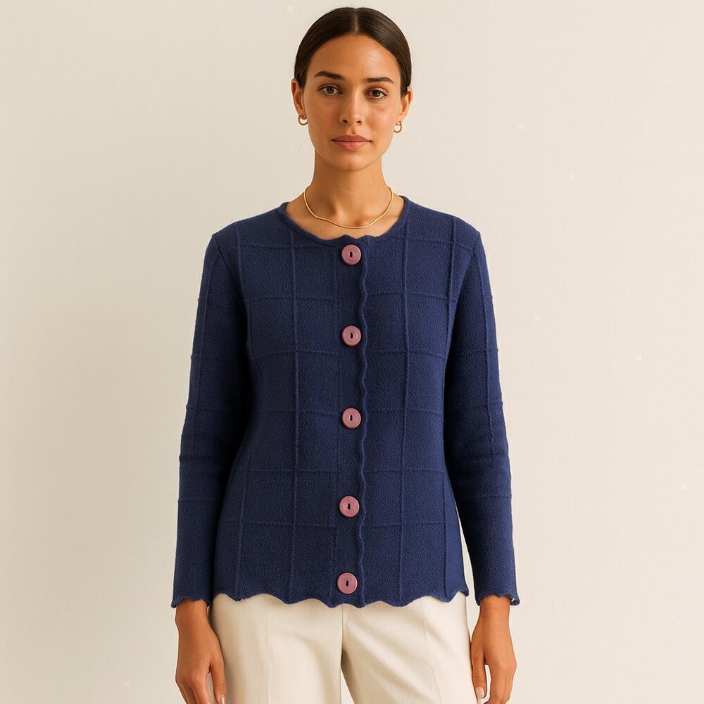Liviana Conti Women’s Wool Knit Cardigan M Navy Blue Italy Artisanal Lagenlook